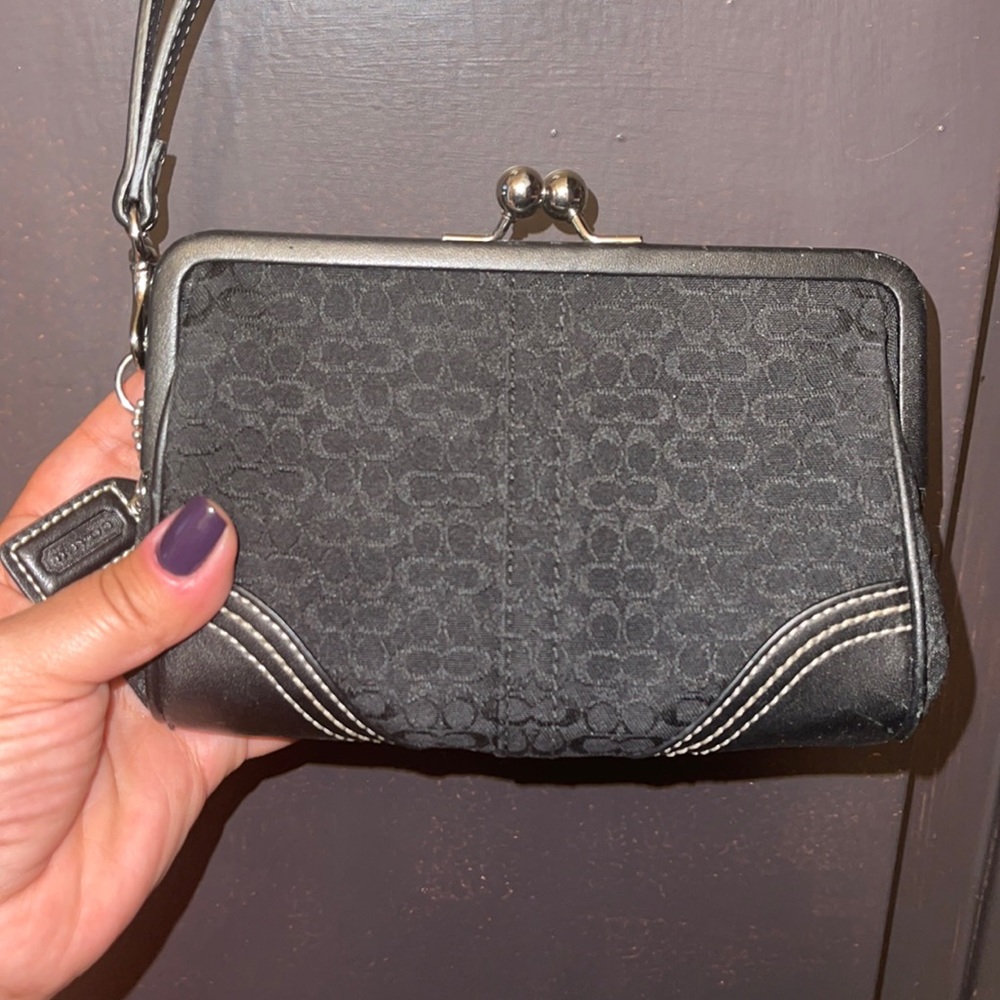 Coach Logo Wristlet in Black with Silver hardware
